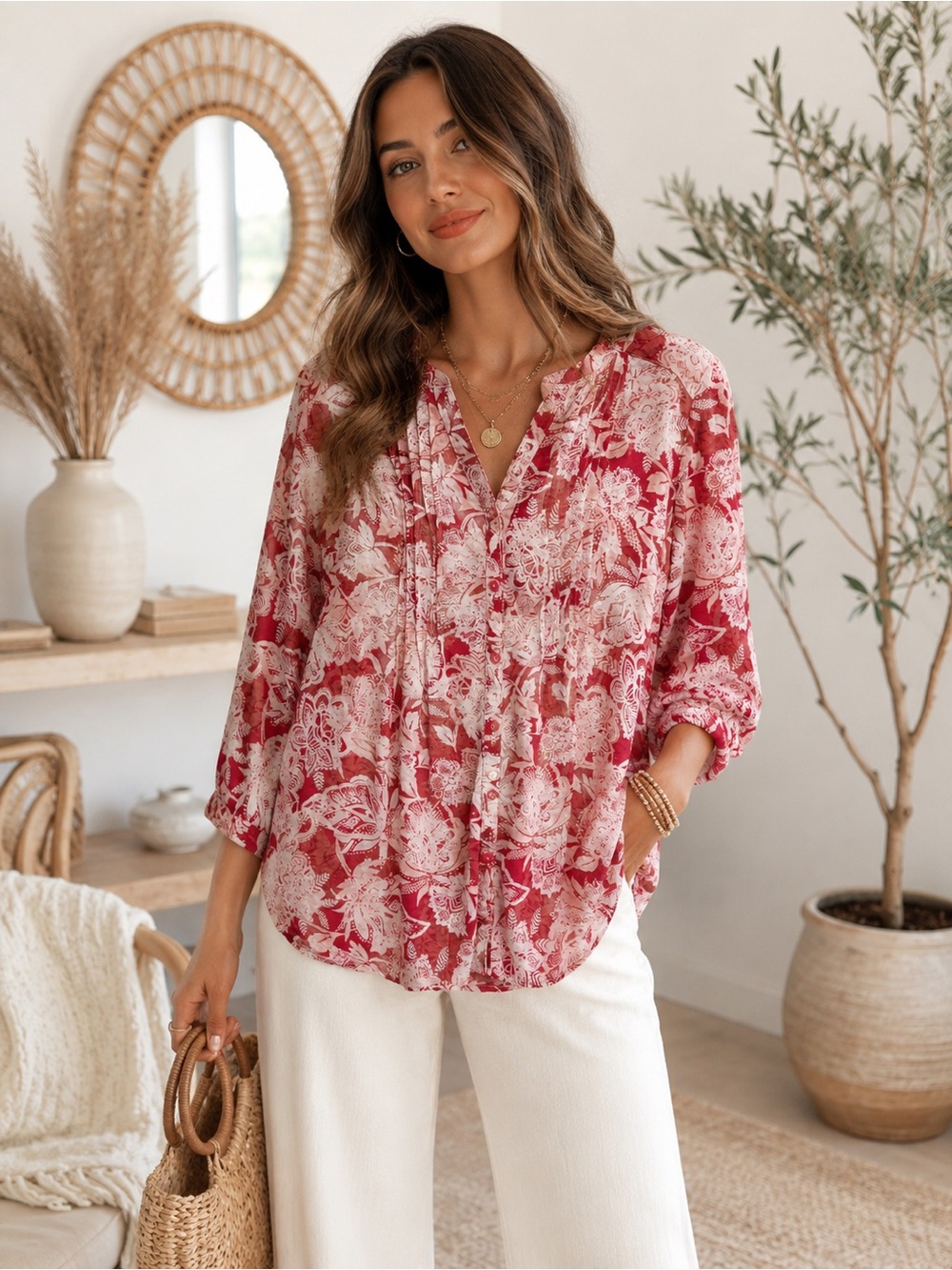Bit & Bridle Red and White Floral Peasant Blouse